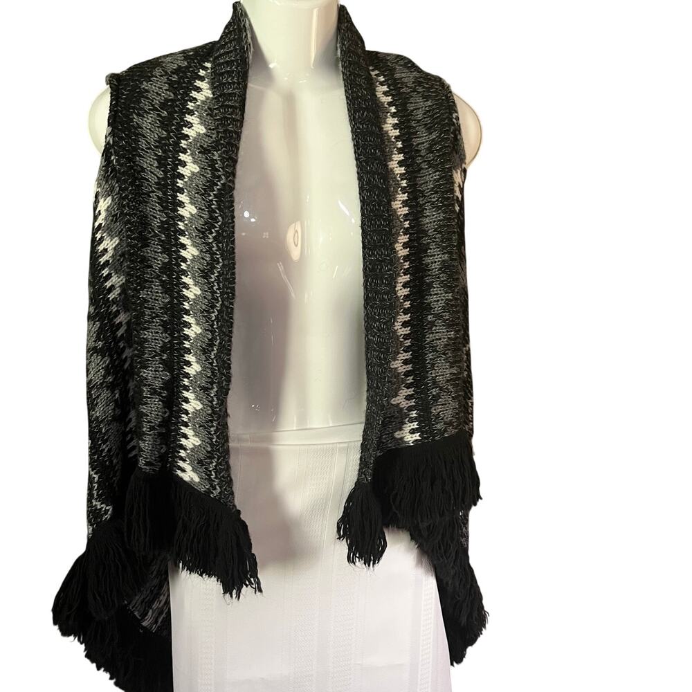 San Lorenzo Womens S Shrug Sweater Shawl Aztec Fringe Black White Wool Alpaca